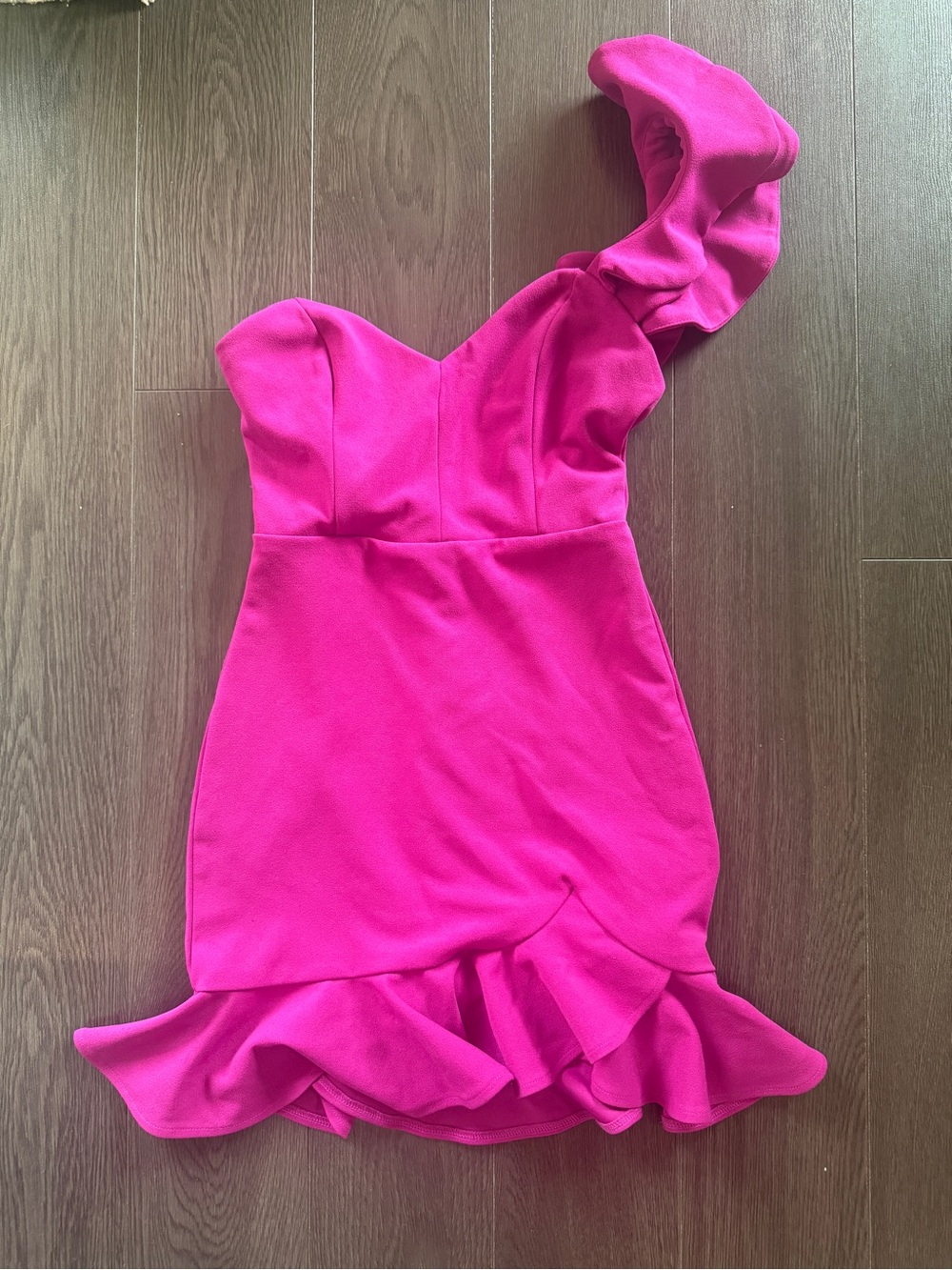 Lulu's Captivate Me Magenta One-Shoulder Ruffled Trumpet Mini Dress